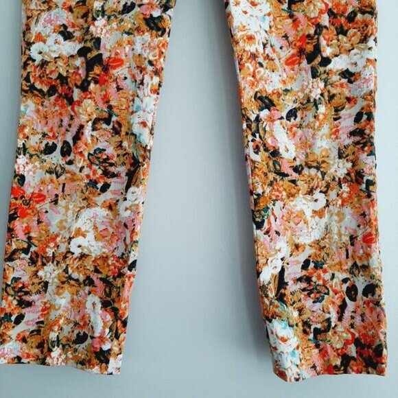 LINEA DOMANI / Crop Ankle Pants Abstract Multicolor Floral Tan Red Pink White 4 - Picture 4 of 15
